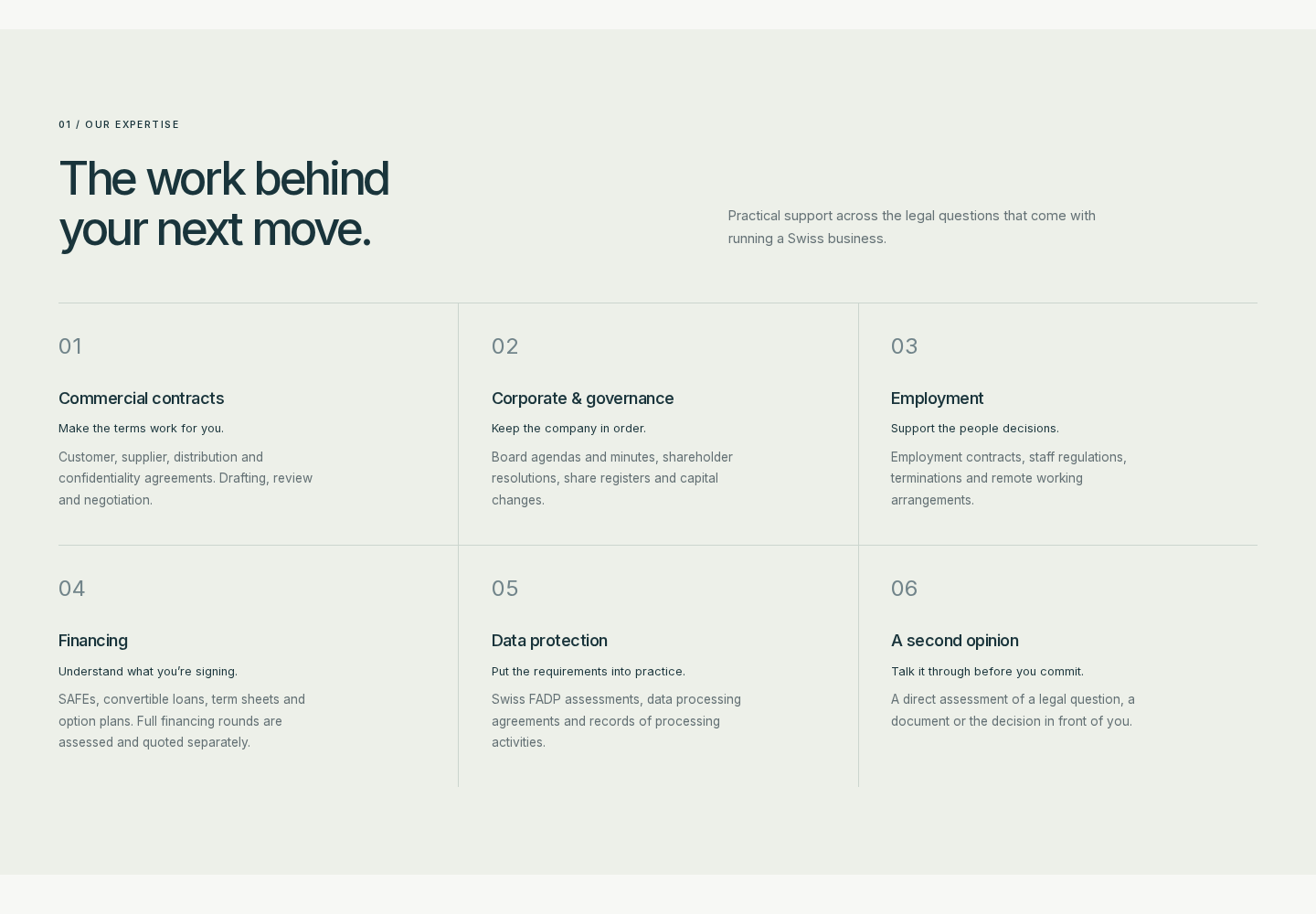 C-Bridges expertise page showing commercial contracts, corporate governance and other areas of legal work