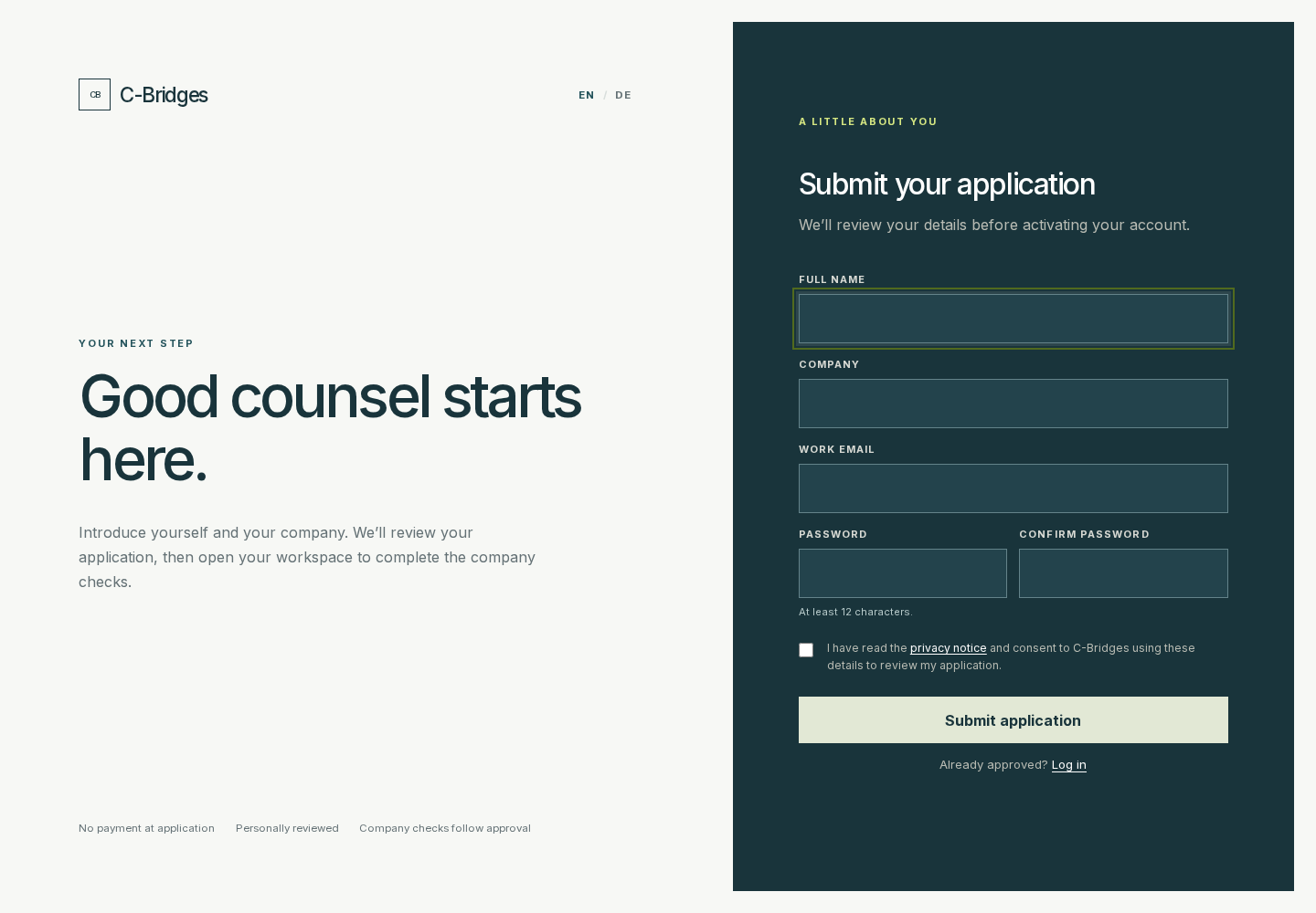 C-Bridges client application, with an explanation on the left and the company and account form on a teal panel on the right