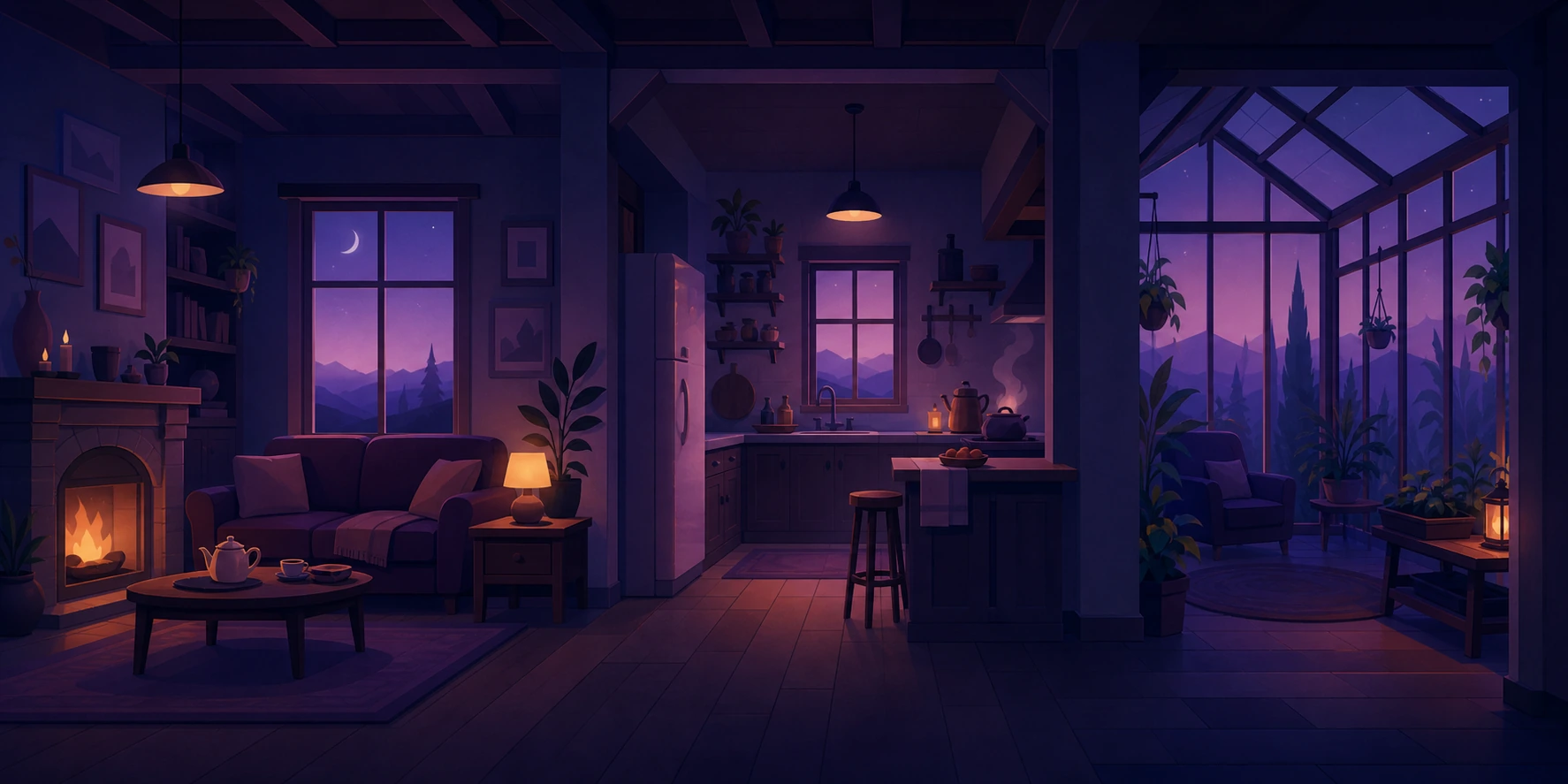 Our Dacha’s illustrated shared home at dusk