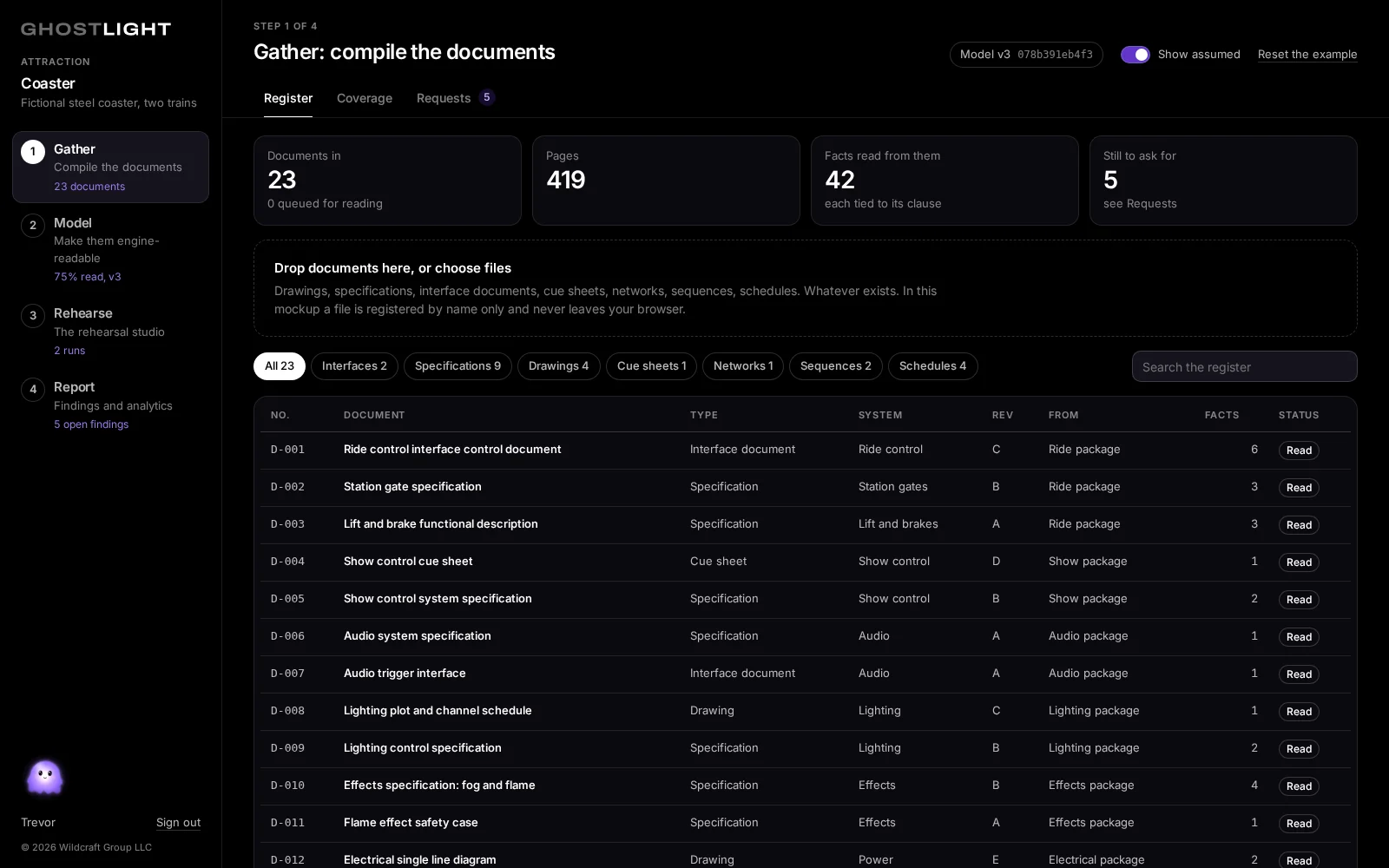 The Gather tool: a register of twenty-three documents with type, system, revision, supplier and the facts read from each