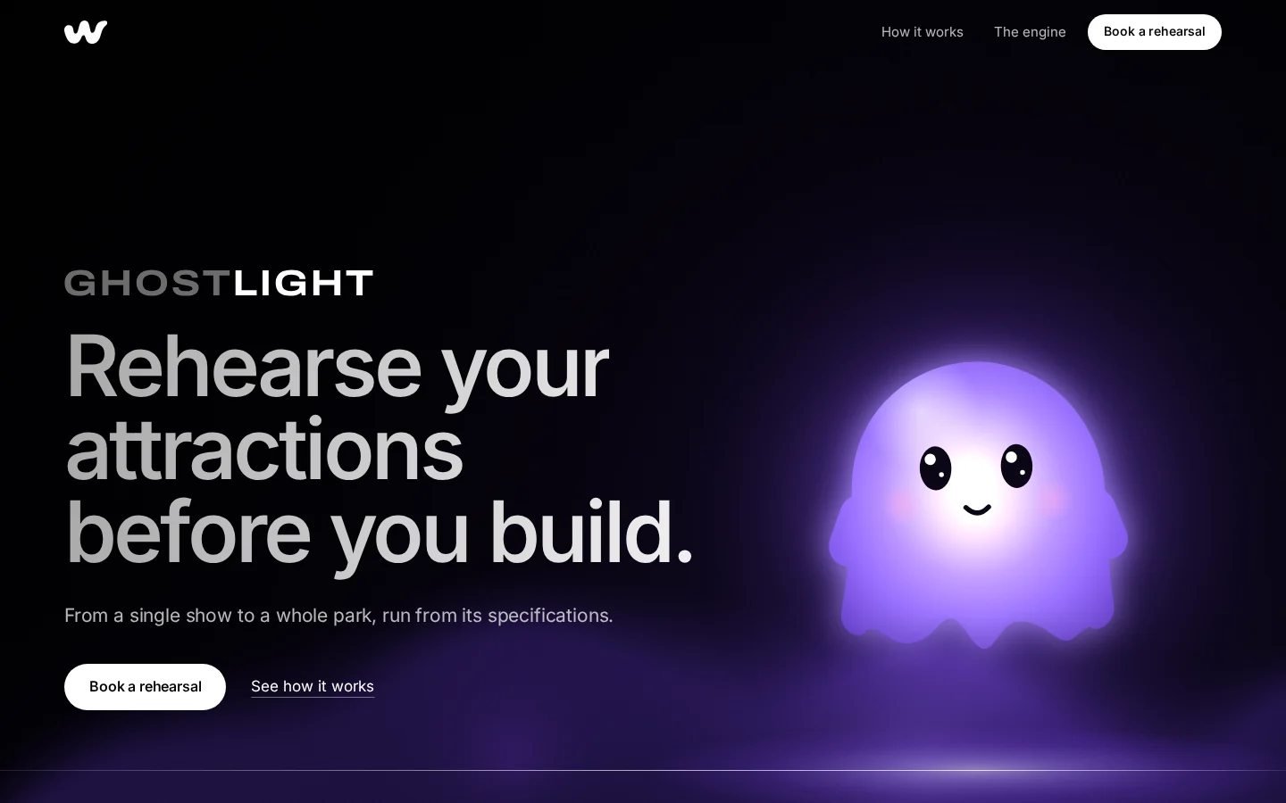 Ghostlight’s opening screen: Rehearse your attractions before you build, beside a glowing purple ghost