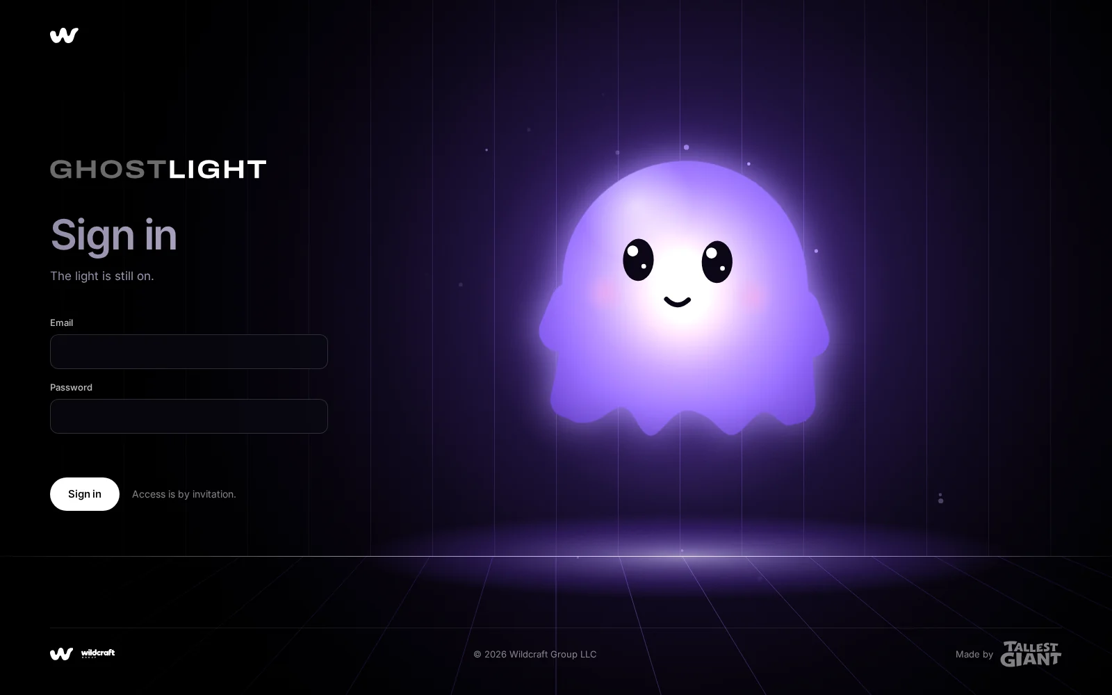 The Ghostlight sign-in page, lit only by the ghost, with the line The light is still on