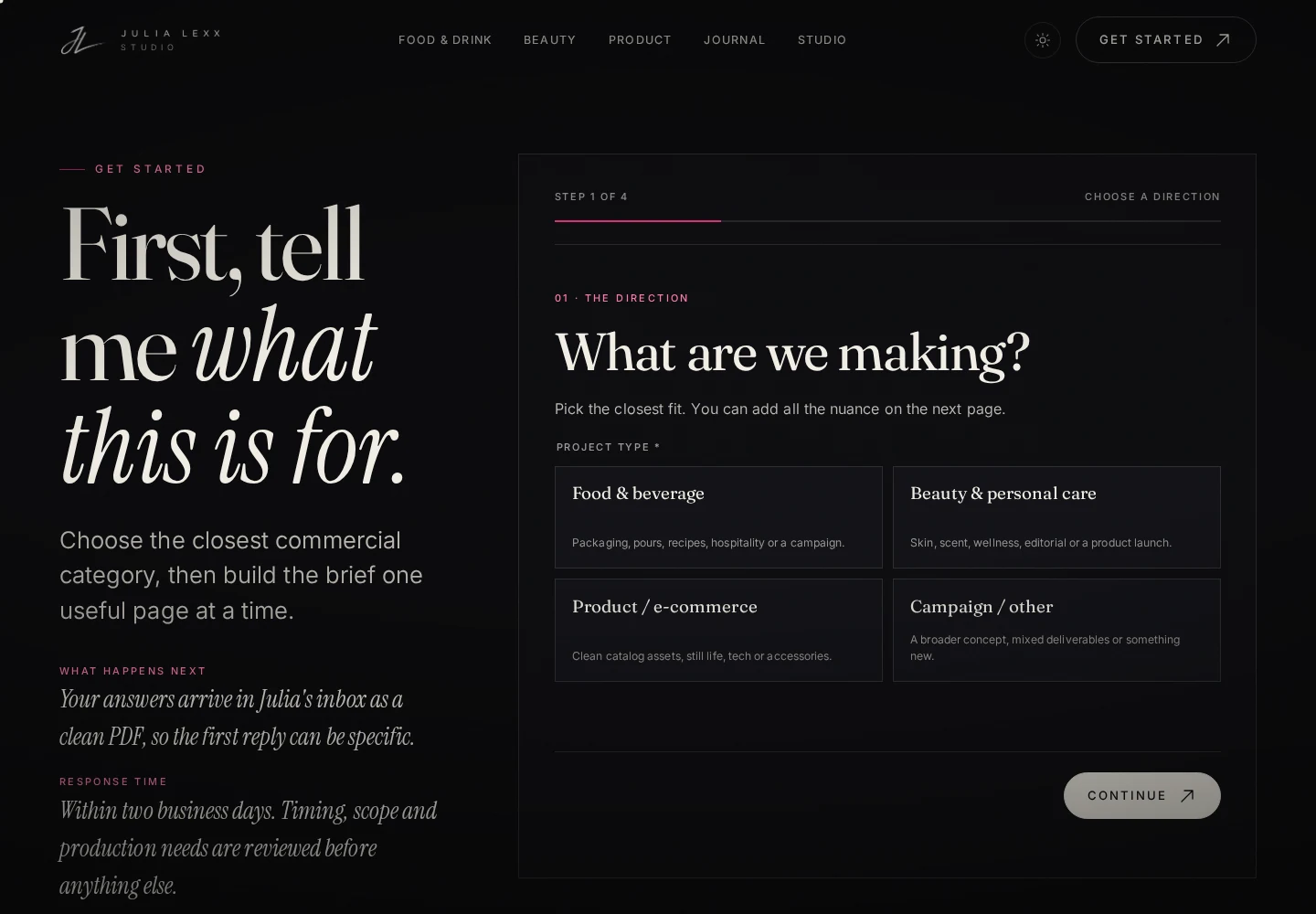 The first step of the actual commercial brief builder: project type choices and a four-step progress indicator