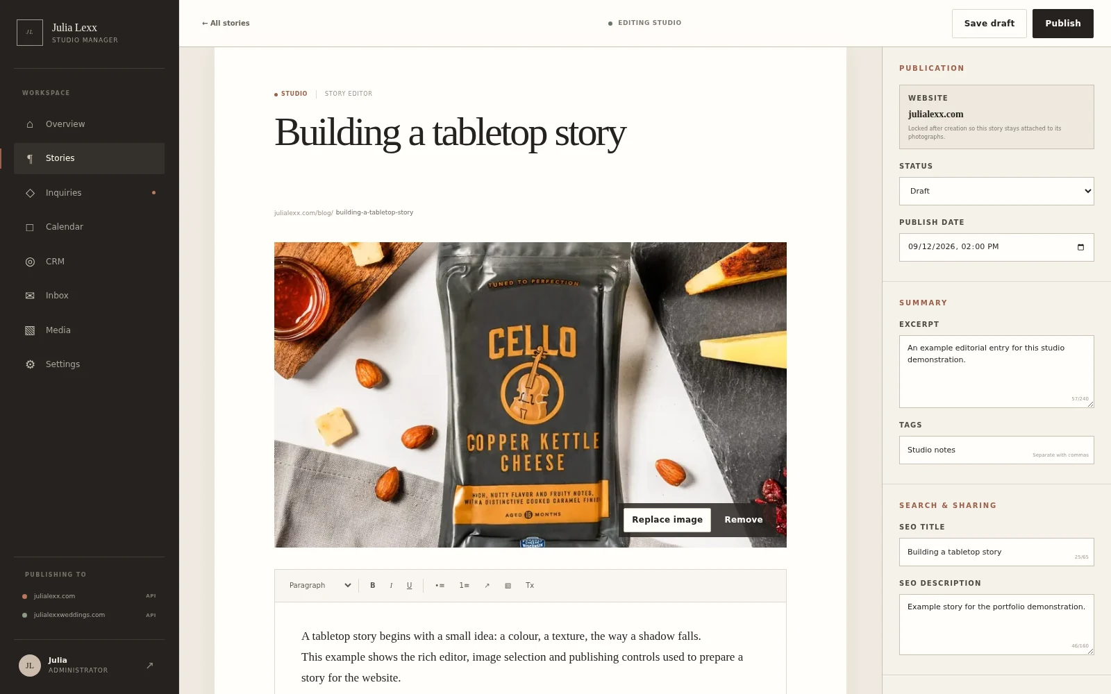 The actual story editor showing an example article, cover image, rich text controls, publication date and search metadata