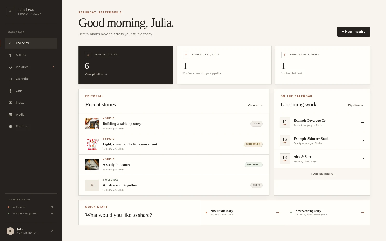 Julia Lexx’s studio app for managing projects and enquiries