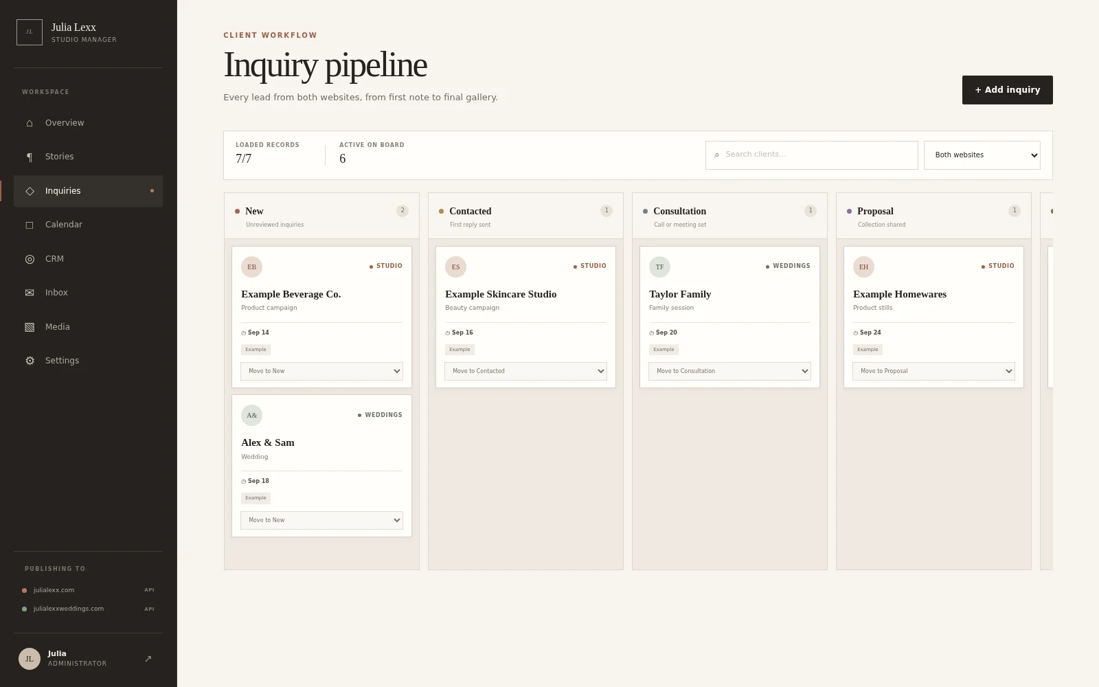The actual enquiry board populated with fictional commercial and wedding jobs in stages from new enquiry through booking and completion