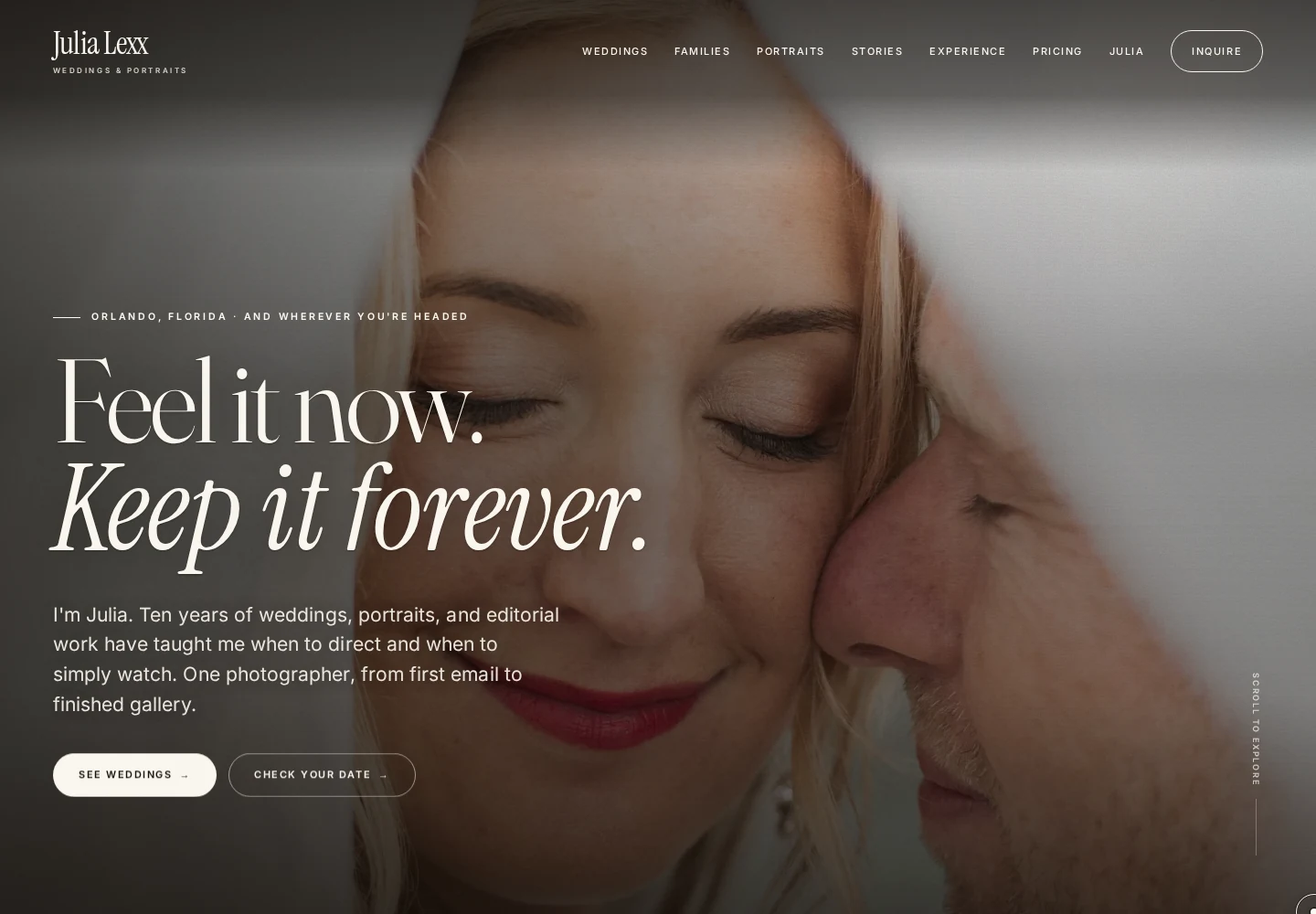 The separate weddings website: a couple’s portrait, a quieter editorial layout and navigation for weddings, portraits and family sessions