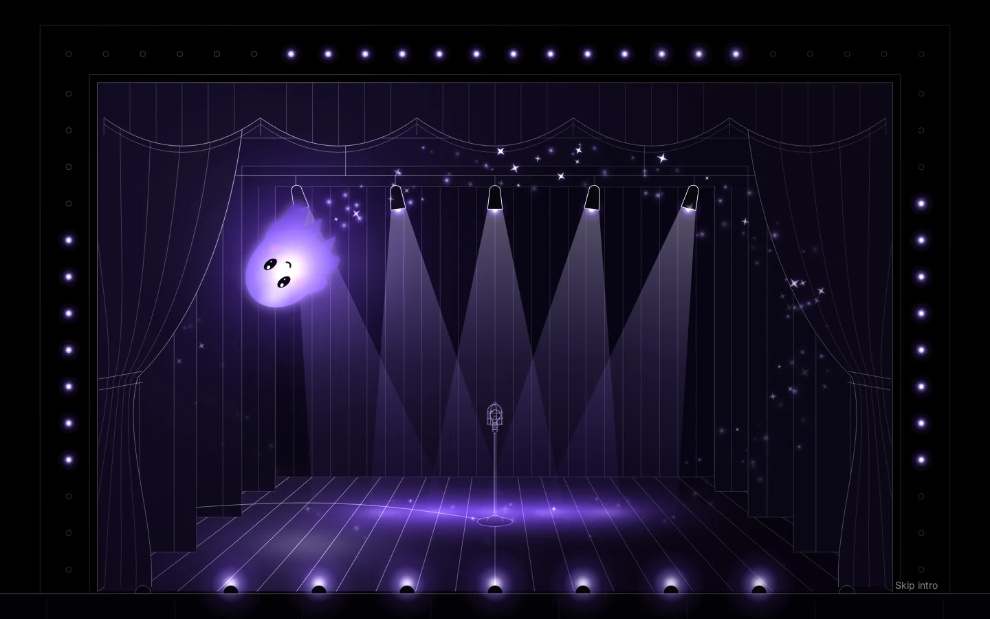 The Wildcraft Group site’s opening: a dark theatre drawn in fine lines, lit by a glowing purple ghost