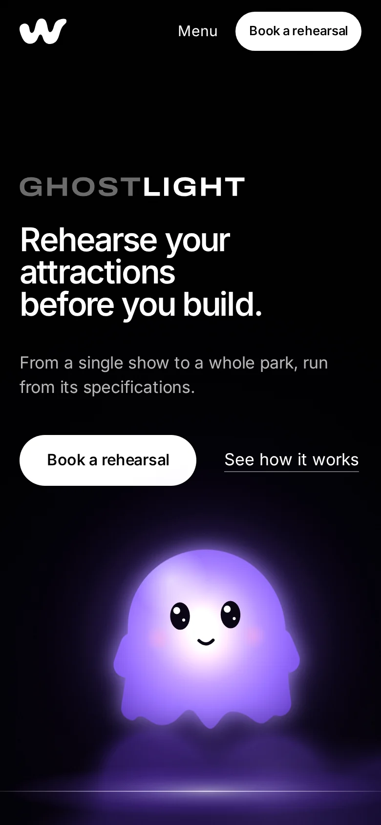 The same page on a phone, with the ghost below the headline and its buttons